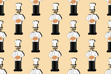 Wall Mural - Seamless pattern with italian chef with delicious pizza in the hand. The cook in the white chef's hat. A person in his hands with a pizza margarita. Banner for pizzeria.