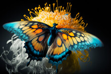 Beautiful  Butterfly On A Flower On A Black Background.  Image Created With Generative AI Technology.