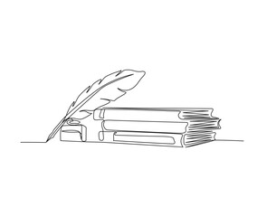 Wall Mural - Continuous one line drawing of stack of books, ink and quill pen. Feather Pen Single Line Vector Design.