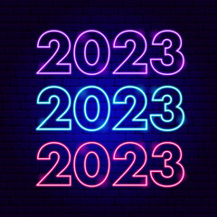 Sticker - 2023 Set Neon New Year. Vector Illustration of Glowing Led Lamp Holiday Concept.