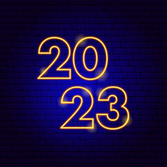 Canvas Print - 2023 Yellow Neon Year. Vector Illustration of Glowing Led Lamp Holiday Concept.