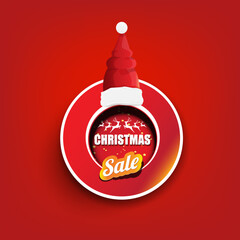 Wall Mural - vector Christmas sales paper banner or tag label with red santa hat on classic red christmas background. Red winter Christmas sale poster, banner, social media post design template and background