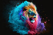 lion in the night, african wildlife, lone hunter isoated on dark clean background, colorful smoke, generative ai