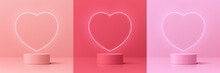Set Of 3D Valentine Day Background With Pink, Coral Red Realistic Cylinder Pedestal Podium. Neon Light Heart Shape. Vector Geometric Form. Mockup Product Display. Minimal Wall Scene. Stage Showcase.