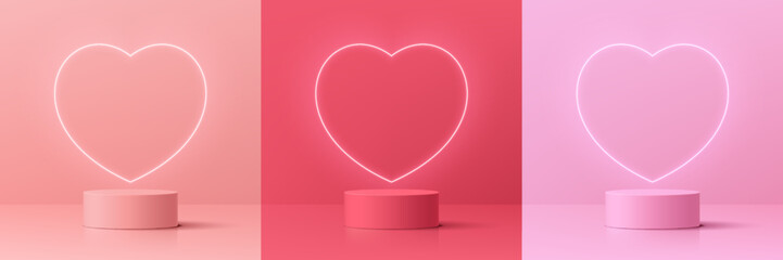 Wall Mural - set of 3d valentine day background with pink, coral red realistic cylinder pedestal podium. neon lig