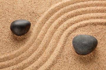 Wall Mural - Japanese Zen stone garden - relaxation, meditation, simplicity and balance concept - pebbles and raked sand tranquil calm scene