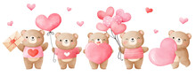 Draw Banner Little Bear With Pink Hearts For Valentine Day