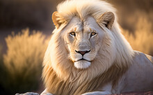 Magnificent Lion King , Portrait Of Majestic White Lion On Black Background, Wildlife Animal	
