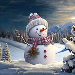 Classic  snowman in a winter scenery.  Illustration. 3D, AI Generative