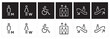 A set of public icons and symbols. Restroom, elevator, and escalator pictogram vector. Signage icons. 