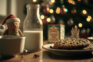 Milk and Cookies left out in front of the Christmas tree for a Santa Claus snack. Created with generative AI.