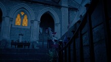 Front Of Church With Lit Up Window In The Evening