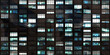 Seamless skyscraper facade with windows and blinds at night. Modern abstract office building background texture with glowing lights against dark black exterior walls. High resolution 3D rendering..