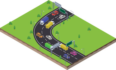 isometric scene of transport subcompact car in curve highway traffic road