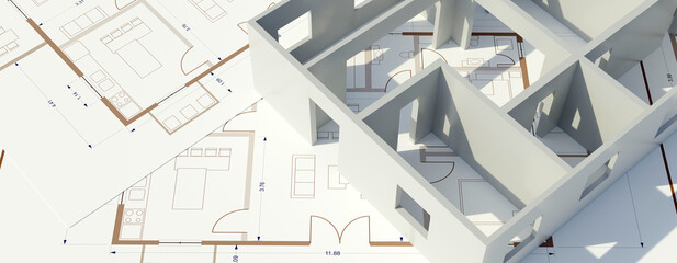 Wall Mural - Architecture design drawings, building model on blueprint floor plan, house construction. 3d