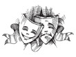 Theater masks. Play of actors in the theater. Human emotions. Positive mood. Mimes, Pantomime. Joy and sadness