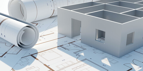 Wall Mural - Architecture design drawings, building model on blueprint floor plan, house construction. 3d
