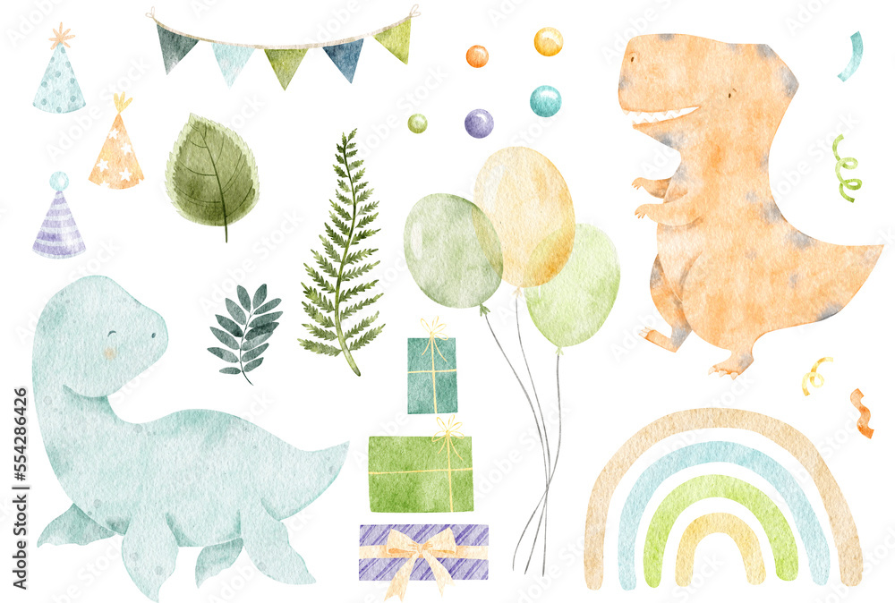 Watercolor cute baby dinosaurs isolated. Tropical jungle illustration ...