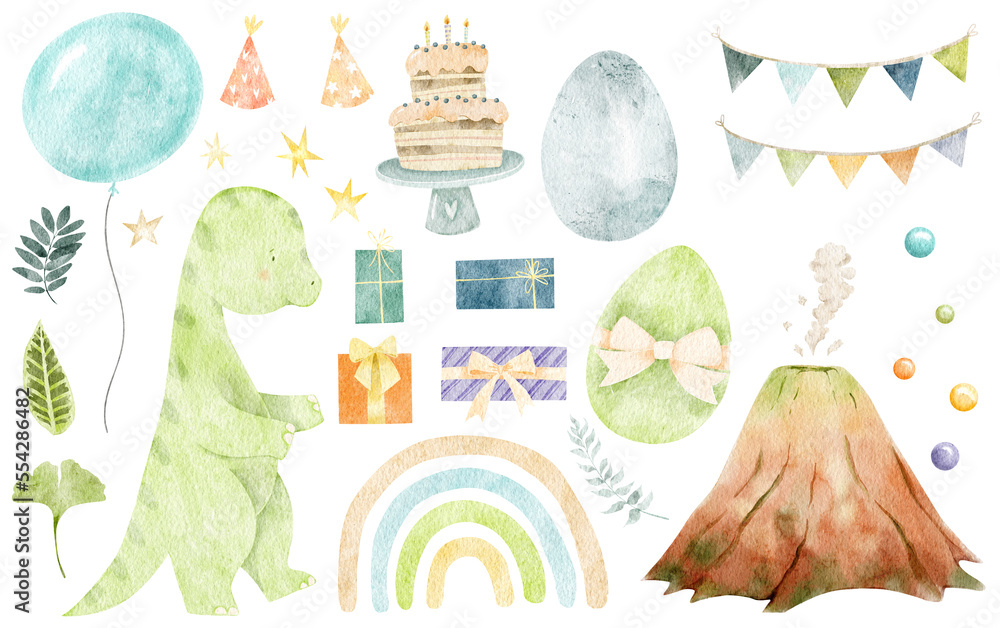 Watercolor cute baby dinosaurs isolated. Tropical jungle illustration ...