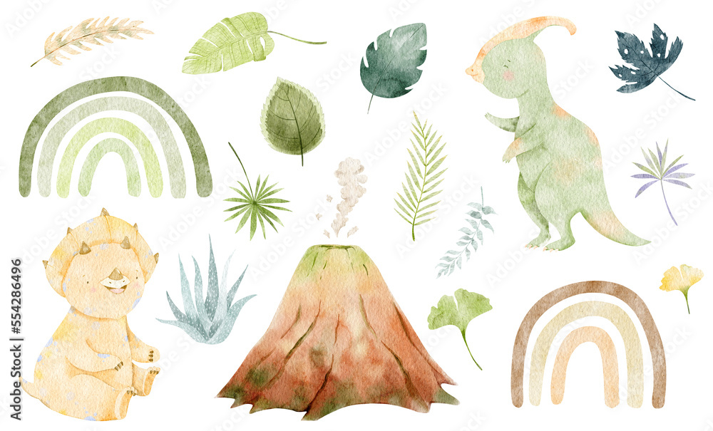 Watercolor cute baby dinosaurs isolated. Tropical jungle illustration ...