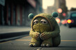 Cute and sad alien monster sitting on the street of a big city. Paled colors, moody, fantasy, aliens invasion