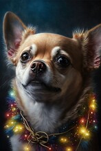 Chihuahua With Christmas Lights, Glowing Pet Dog, Lap Dog And Christmas Decorations Portrait Illustration, Puppy Studio Shot Generative Ai Art, Black Background