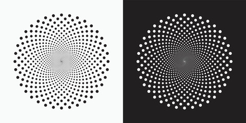 Halftone logo set. Circular dotted logo isolated on the white background. Garment fabric design set. Halftone circle dots texture, pattern, background. Vector design element. Vector illustrations.	