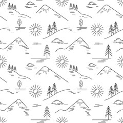 Seamless pattern from the drawing of a mountain landscape, sun, clouds, spruce, trees. Concept ski resort, travel, vacation. Flat line style, vector illustration isolated on white background.