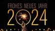 2024 Frohes neues Jahr Feiertag Grußkarte Banner - Mädchen hält Wunderkerze in ihrer Hand, goldene Jahreszahl mit Text deutsch, isoliert auf schwarzem Hintergrund