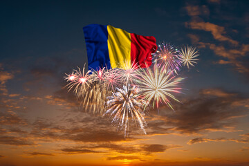 Wall Mural - Flag of Romania and Holiday fireworks in sky