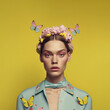 © Uncanny Valley - Illustrated portrait of young, beautiful girl. Fashion model in floral style, with fresh spring flowers and butterflies in trendy pastel clothes. Minimal vintage retro style. Generative AI.