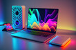© Uncanny Valley - Modern neon technology concept with many expensive electronic gadgets on the desk. Illustration of computer, tablet and laptop. Cyber ​​modern lights. Generative AI.