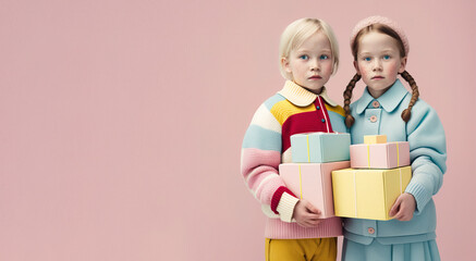 Little School kids dressed in a pastel color clothes, cute suit, exchange gifts, they give gifts to each other. Happy children. Pink background. Illustration. Generative AI.