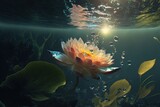 illustration of pink lotus flower underwater against sunlight, light shine through water ripple, air bubble, float to surface, soft tone color feel pure and gentle