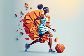 paper art style illustration of African woman playing basketball