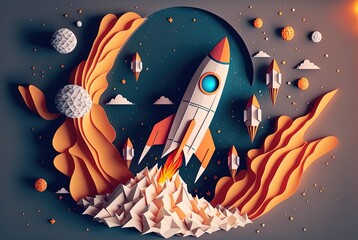 paper art style illustration of space rocket	
