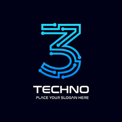 Three or 3 number technology vector logo template