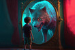 surreal illustration of a kid facing with his fear that represent as a wolf form reflection big mirror