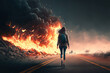 illustration of a woman with backpack walking lonely at the countryside road, fire burnt alongside the road 