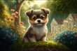 illustration of cute puppy in spring time in garden , soft tone light color 