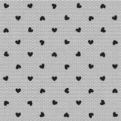 Seamless vector pattern with hearts on a black mesh. Background for Valentine's Day. Texture for sexy or goth lingerie.