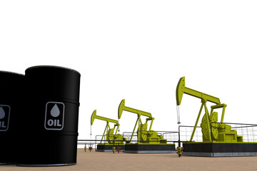 Nice yellow pumpjacks oil extraction and oil barrels 3D rendering