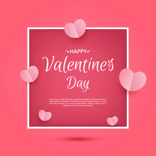 Happy Valentines Day Pink Background. Heart Elements With Floating Pink Square Frame. Paper Cut Style.