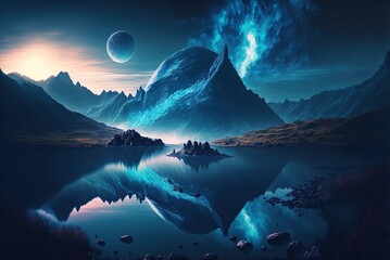 a blue nebula, planet, mountain, and lake populate this digital artwork of a fantastical sci-fi sett