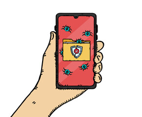 Wall Mural - A hand holding a phone on the screen of which displays a virus-infected folder. Computer bugs escape from the folder and infect the device's system. Hand drawn vector illustration.