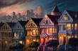 In the midst of the gleaming nighttime sky, the Painted Ladies of San Francisco, California, Generative AI