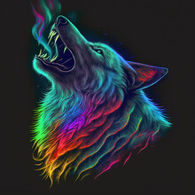 Neon Iridescent Psychedelic Howling Wolf. Generative AI. Not Based On