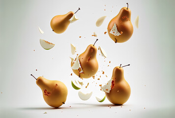 Poster - Pears, whole and cut, floating in the air on a white backdrop. Generative AI