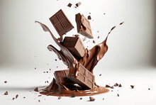Pieces Of Milk Chocolate Dropping Over A White Backdrop. Generative AI