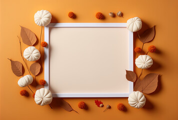 Sticker - Autumn foliage, cotton, pumpkin, and cinnamon backdrop with a blank craft paper frame. Fall mockup Autumnal art and a fall theme Anime style flat lay, top perspective, and copy space. Generative AI